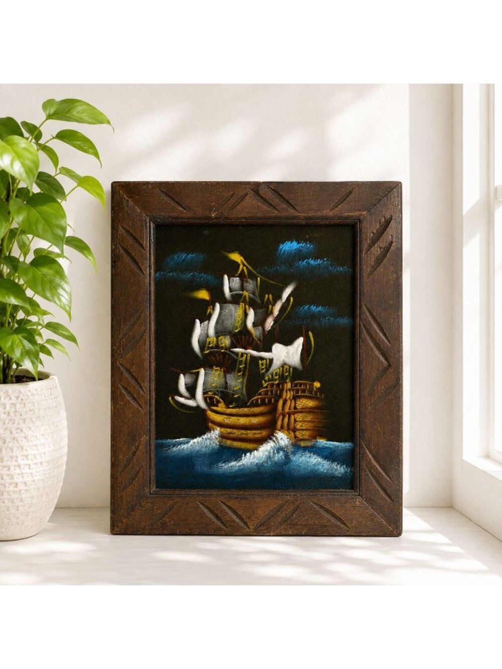 Vintage Mexican Velvet Painting Of Ship In Waves With Carved Wooden Frame 19"x15